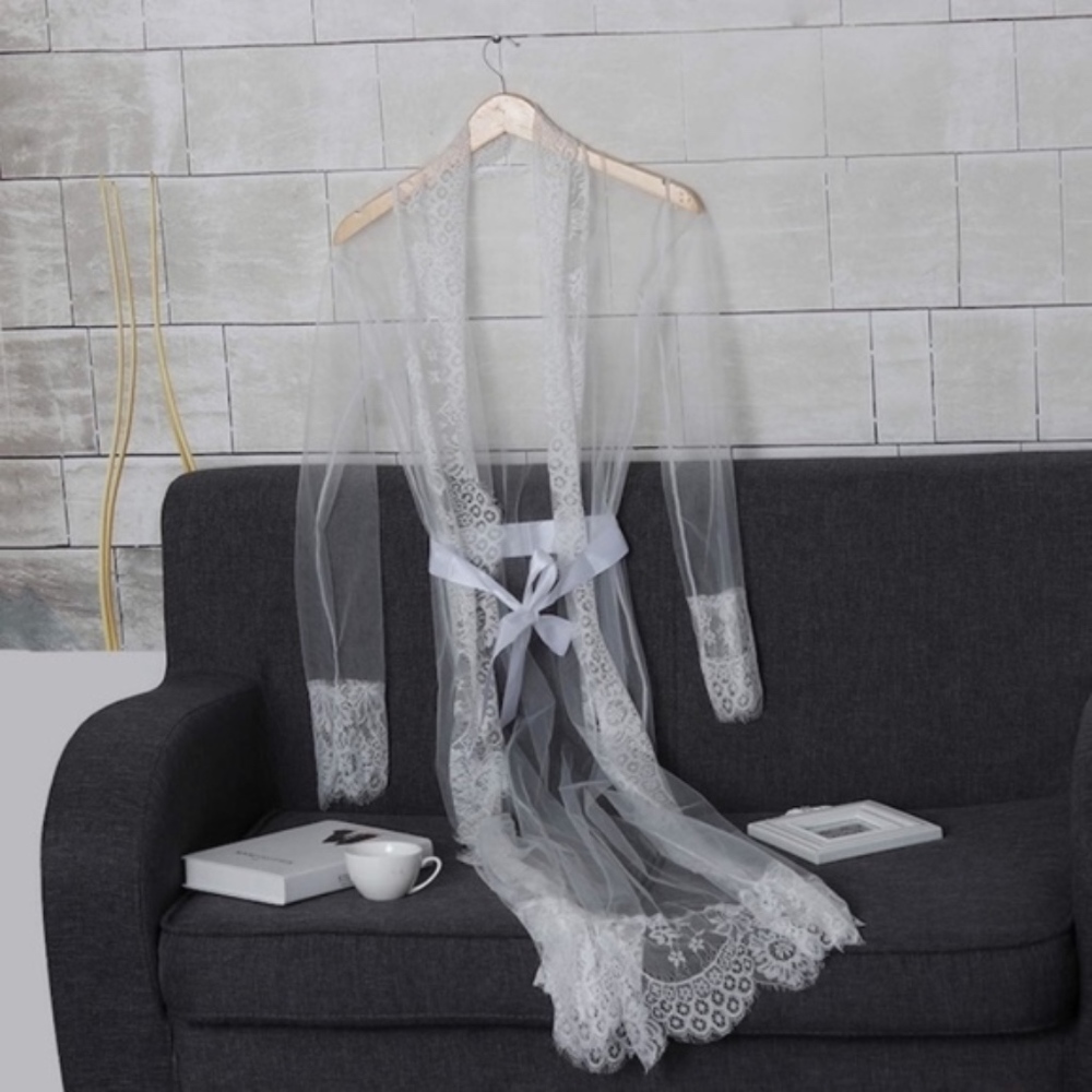 Sheer white Lace Sexy Robe with belt - Picture 3 of 8